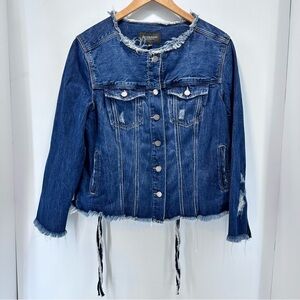 Liverpool Los Angeles Denim Jean Jacket Women’s Sz XL Braids Distressed Raw Hem‎